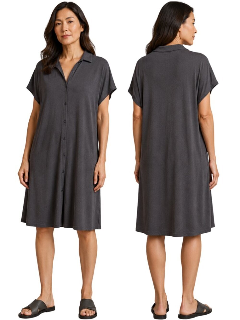 Eileen Fisher Viscose Jersey Collared Shirt Dress Women's Medium Gray Basic NWOT